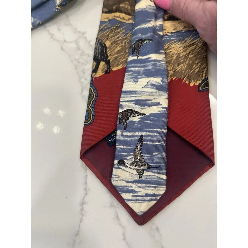Vtg Ducks Unlimited Men's Red Silk Tie 3.75” Pintail Duck‎ Birddog Hunting Scene